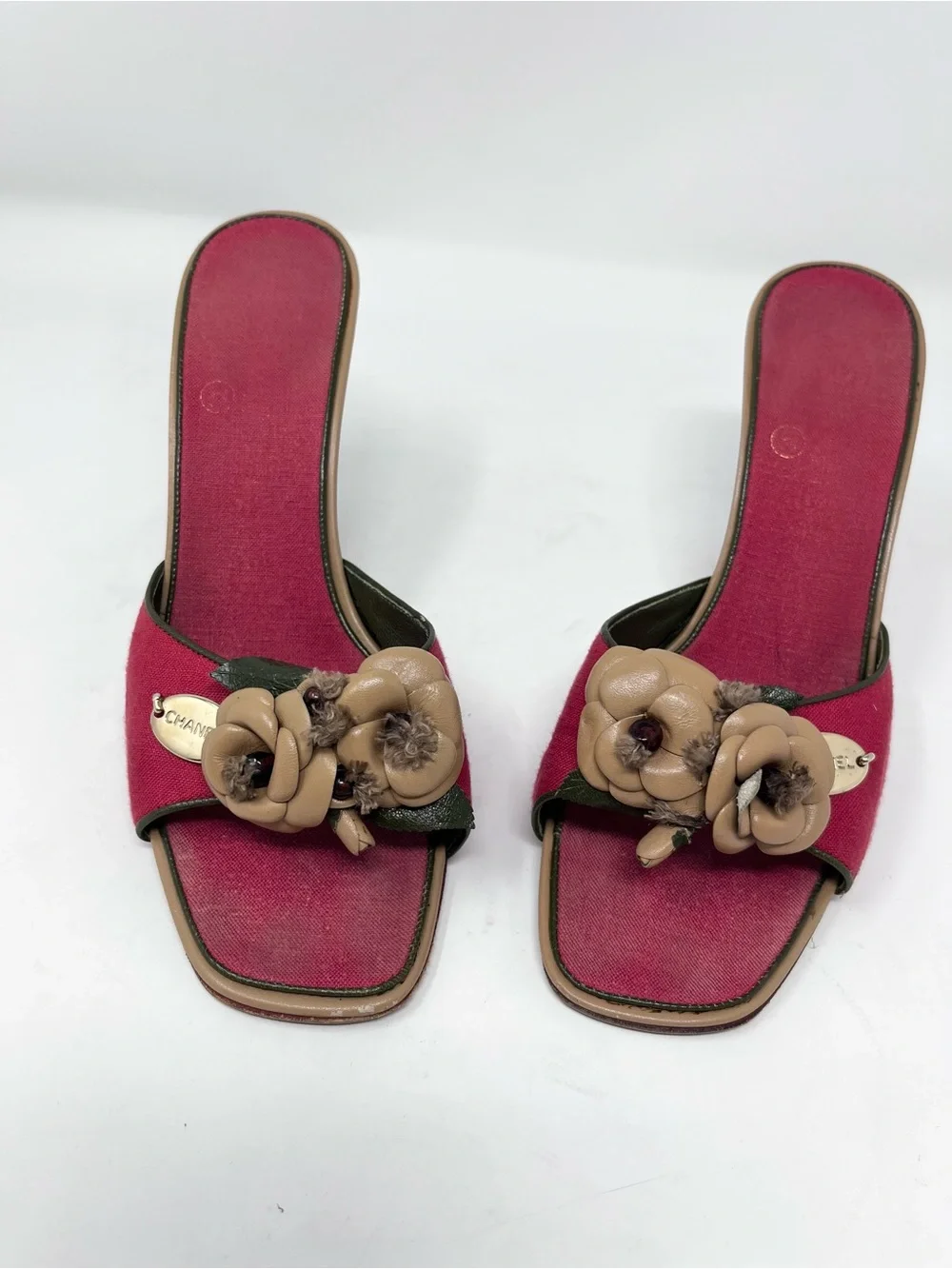 Vintage Chanel Camellia Mule Heel Sandal Red Canvas Chanel Logo Y2K size 36.5